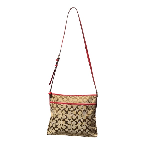 Coach New York Signature Canvas Women Crossbody Bag Khaki / Classic Red - Picture 1 of 16